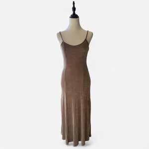 Vintage Georgette 90s Ribbed Knit Maxi Slip Dress Taupe Gray Medium 03336